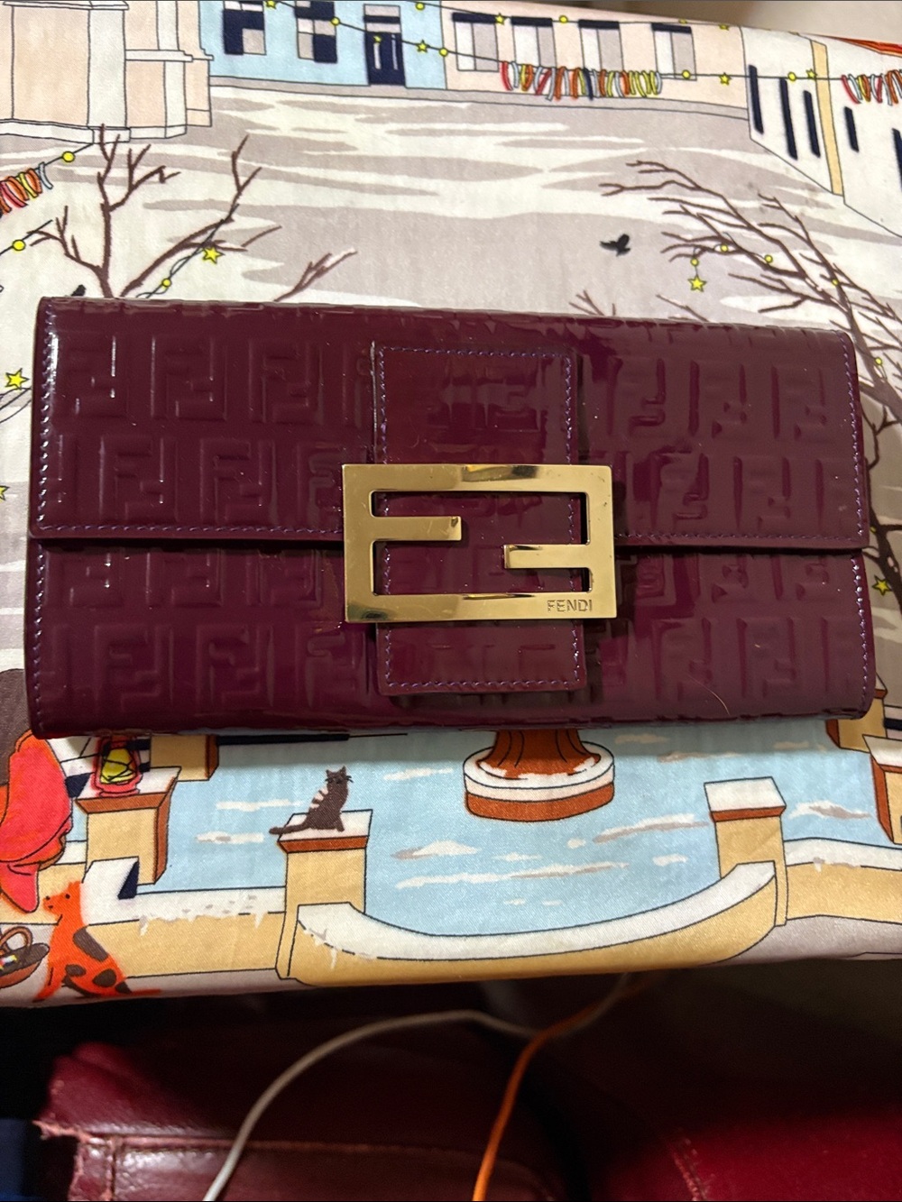 Fendi Patent Leather Wallet in Deep Wine with Gold Hardware